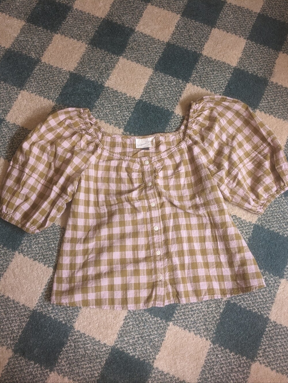 Universal Thread 100% Cotton Chartreuse Gingham Puff Sleeve Cottagecore Top Sz S